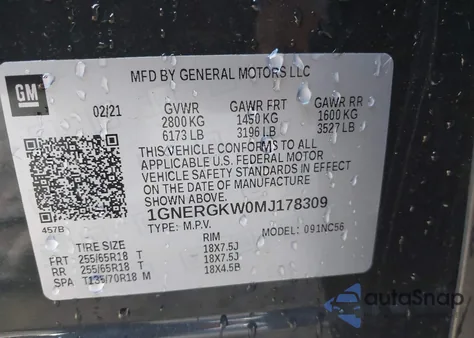 2021 Chevrolet Traverse Fwd Lt Cloth z USA, uszkodzony, nr VIN 1GNERGKW0MJ178309